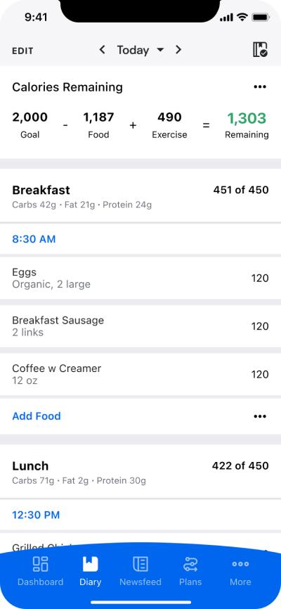 An example of using the MyFitnessPal app to edit a food log.