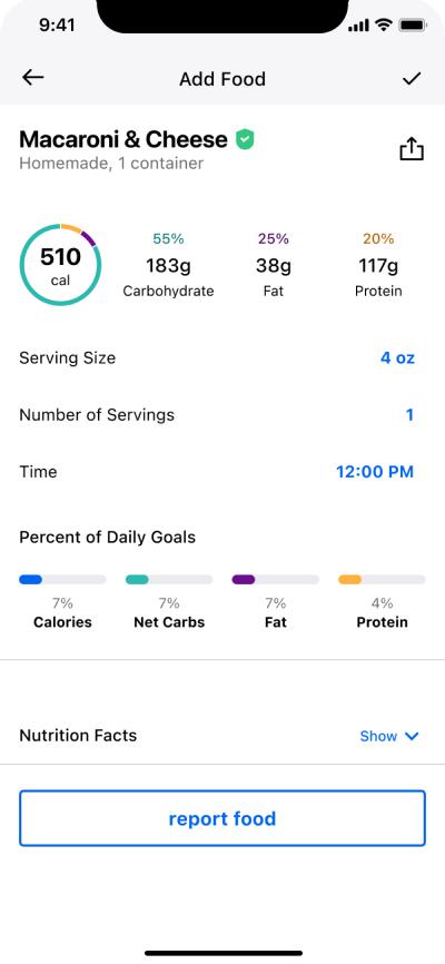 Un ejemplo de uso de la aplicación MyFitnessPal para registrar una comida.