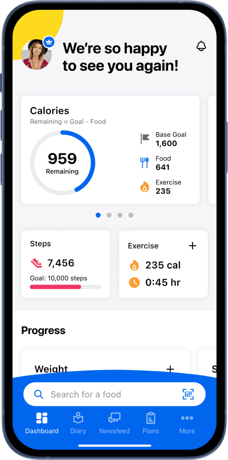 A user logs in to see dashboard with the calories remaining for the day.